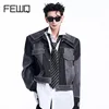 FEWQ Splicing Short Shoulder Padded Denim Men's Jacket Autumn Winter Double Collar Design 2024 Patchwork Male Tops 1