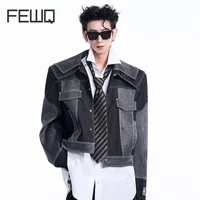 FEWQ Splicing Short Shoulder Padded Denim Men's Jacket Autumn Winter Double Collar Design 2024 Patchwork Male Tops 1