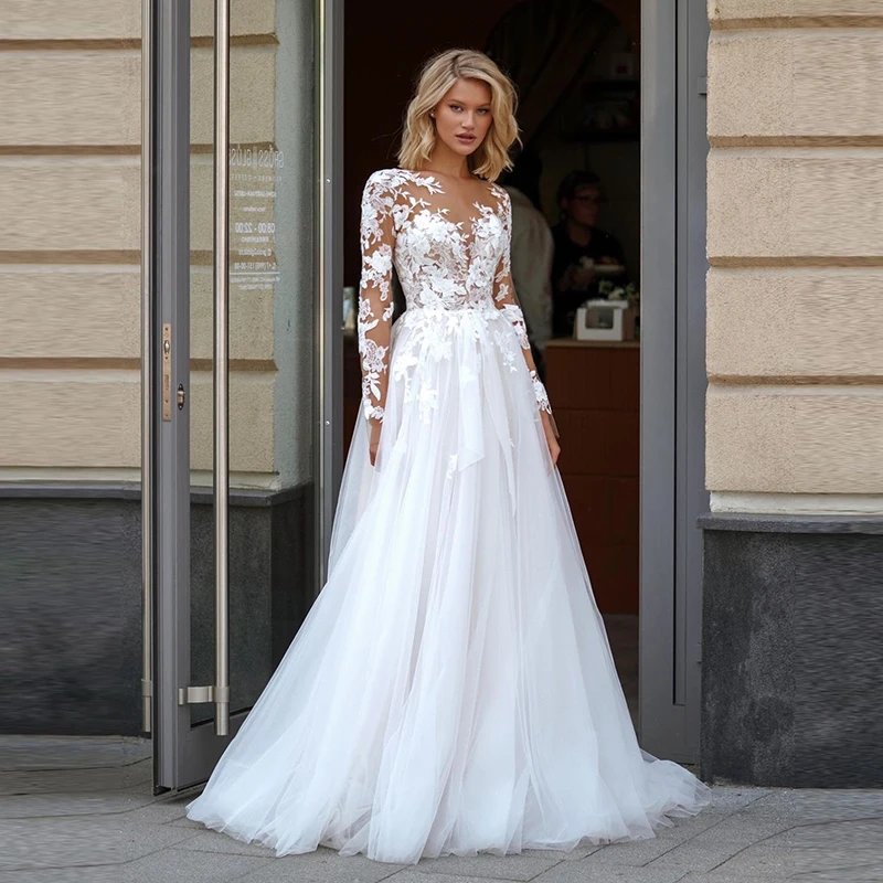 

Elegant Wedding Dress Organza With Embroidery Lace A-Line Floor Length Beach Ball Gown O-Neck Full Sleeve Bride Dress Button