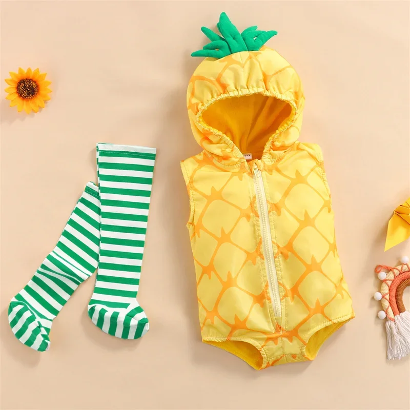 0-24M Baby Autumn Clothes Sets Boys Girls Pineapple Hooded Sleeveless Coat Romper + Striped Stockings Newborn Toddler Outfits 3