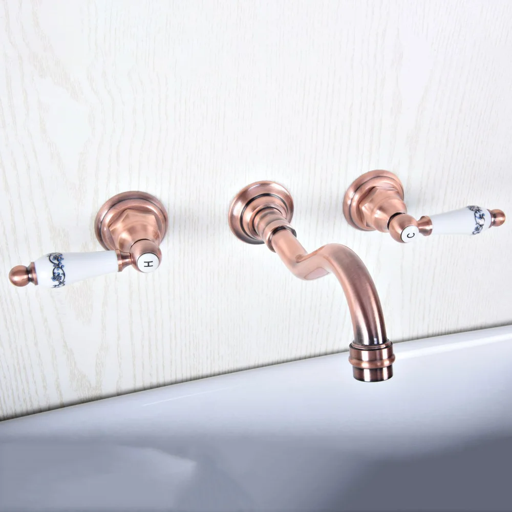

Double Ceramic Handle Wall Mounted Antique Red Copper Bathroom Faucets Sink Faucet Hot & Cold Water Taps Basin Mixer Tap tsf503