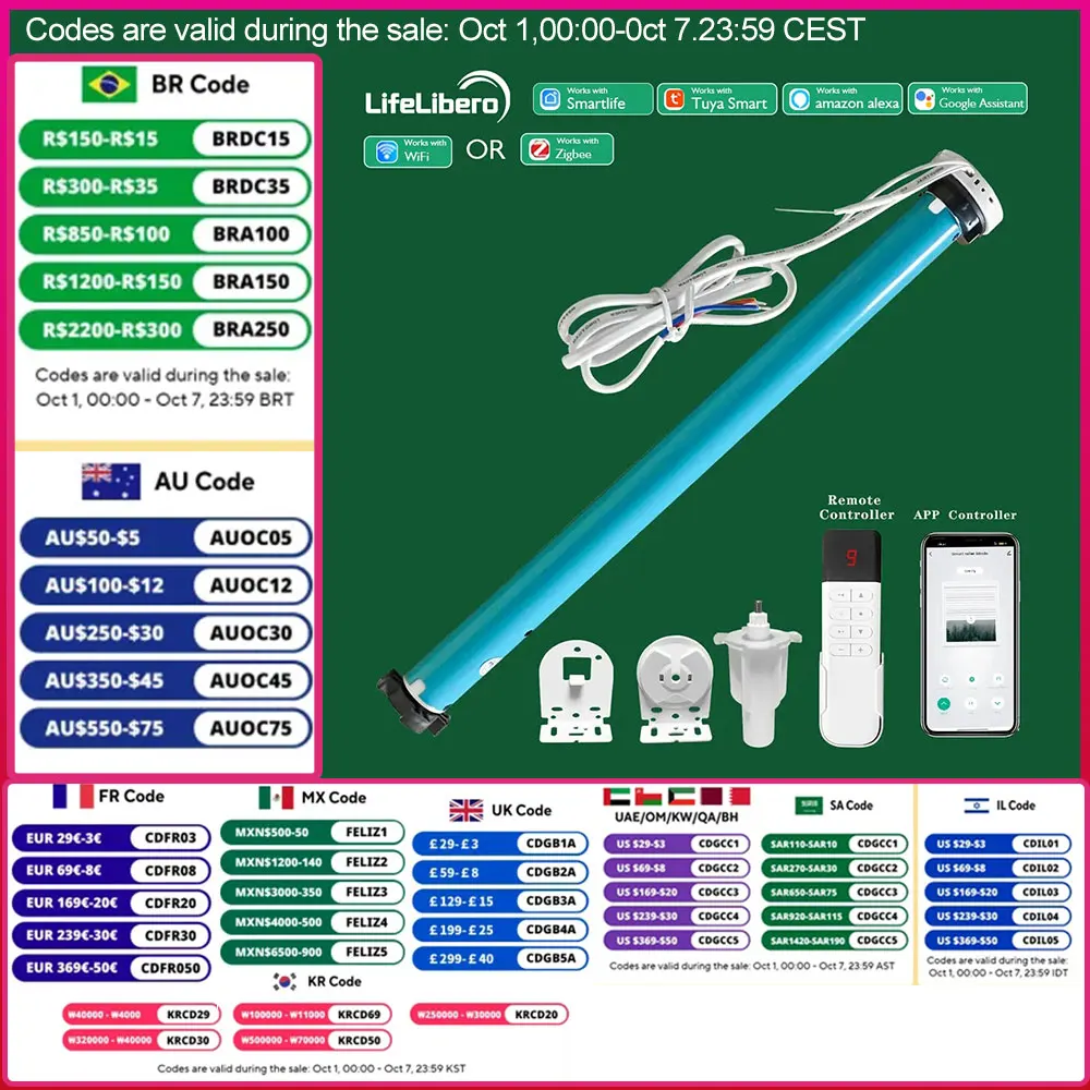 LifeLibero Tuya Zigbee Or Wifi Smart Curtains Motor Roller Blinds For Windows Automatic Shade System Remote Voice Control Alex