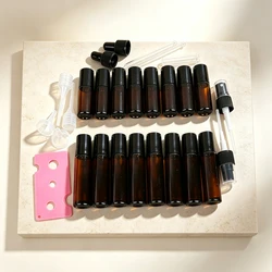Portable Frosted Glass Essential Oil Roller Bottles Set with Funnel - 29 Piece Refillable Collection (Brown)