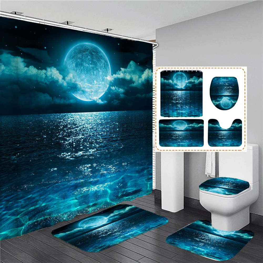 

Waterproof Shower Curtain Sets Starry Universe Moonlight Sea Scenery Bath Rug Mats with Hooks Toilet Seat Cover Bathroom Decor