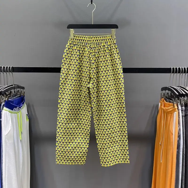 Minimalist Commuter Fashion Women's 2024 Summer Patchwork High Waited Drawstring Printing Geometric Loose Casual Wide Leg Pants