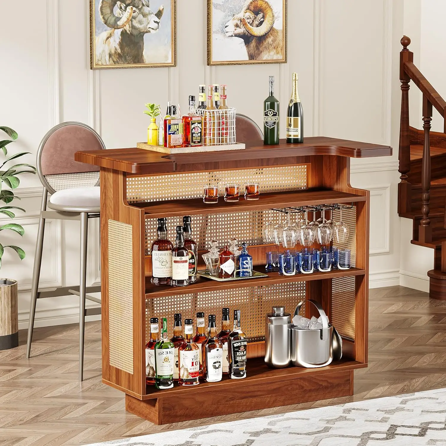 Little Tree Rustic Home Bar Unit, Rattan Table With 4 Tiers Storage, Liquor Wine Cabinet Mini Table For Home Pub