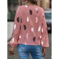 Mode femme Blouse chemises pour femmes haut élégant à manches longues motif de plumes femmes hauts élégant en mousseline de soie Mujer femme vêtements 2