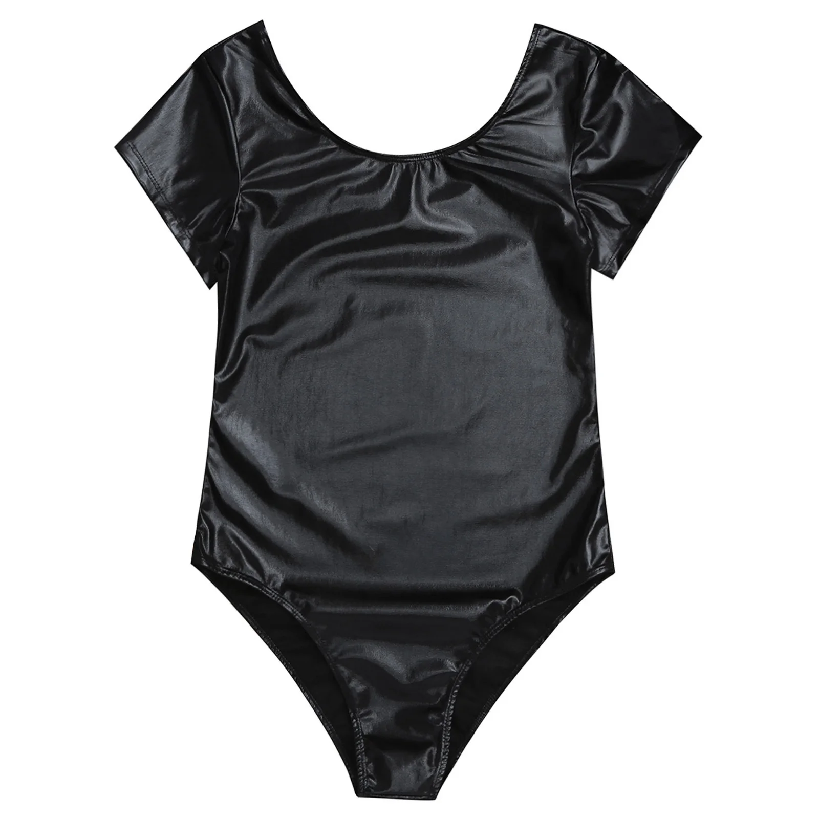 Men Shiny Patent Leather Bodysuit Short Sleeve One-piece Leotard Dancewear Swimwear