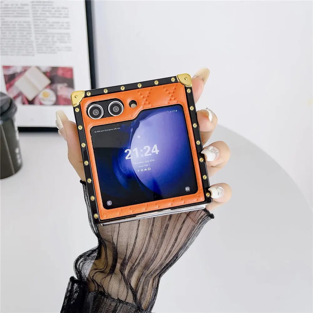 Coque de placage en cuir PU avec grille 3D, étui carré antichoc pour Samsung Galaxy Z Flip 5 Zflip 4 3_voghion.com