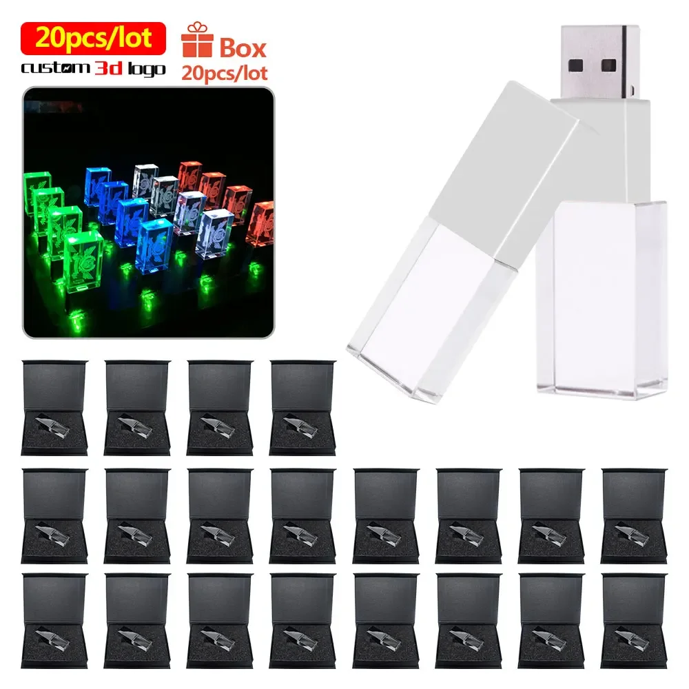20 개/몫 크리스탈 LED 라이트 usb 플래시 드라이브 8 기가 바이트 16 기가 바이트 64 기가 바이트 32 기가 바이트 사용자 정의 3d 로고 펜 드라이버 pendridve 메모리 스틱 펜 드라이브