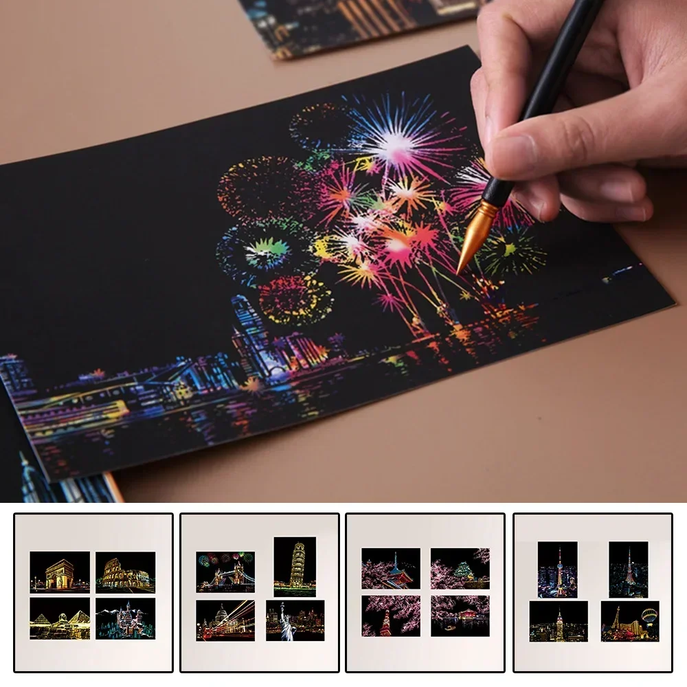 Kids Scratch Painting Toys 4Pcs Children DIY Night Scene Art Scratch Painting Toys City Building Landscape Kids Educational Toys Birthday Gift Room Decor kids scratch painting toys