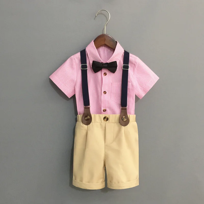 

Children's Formal Overalls Dress Clothing Set Summer Boy Striped Short-sleeved Shirt Shorts Bowtie Outfit Kids Party Costume