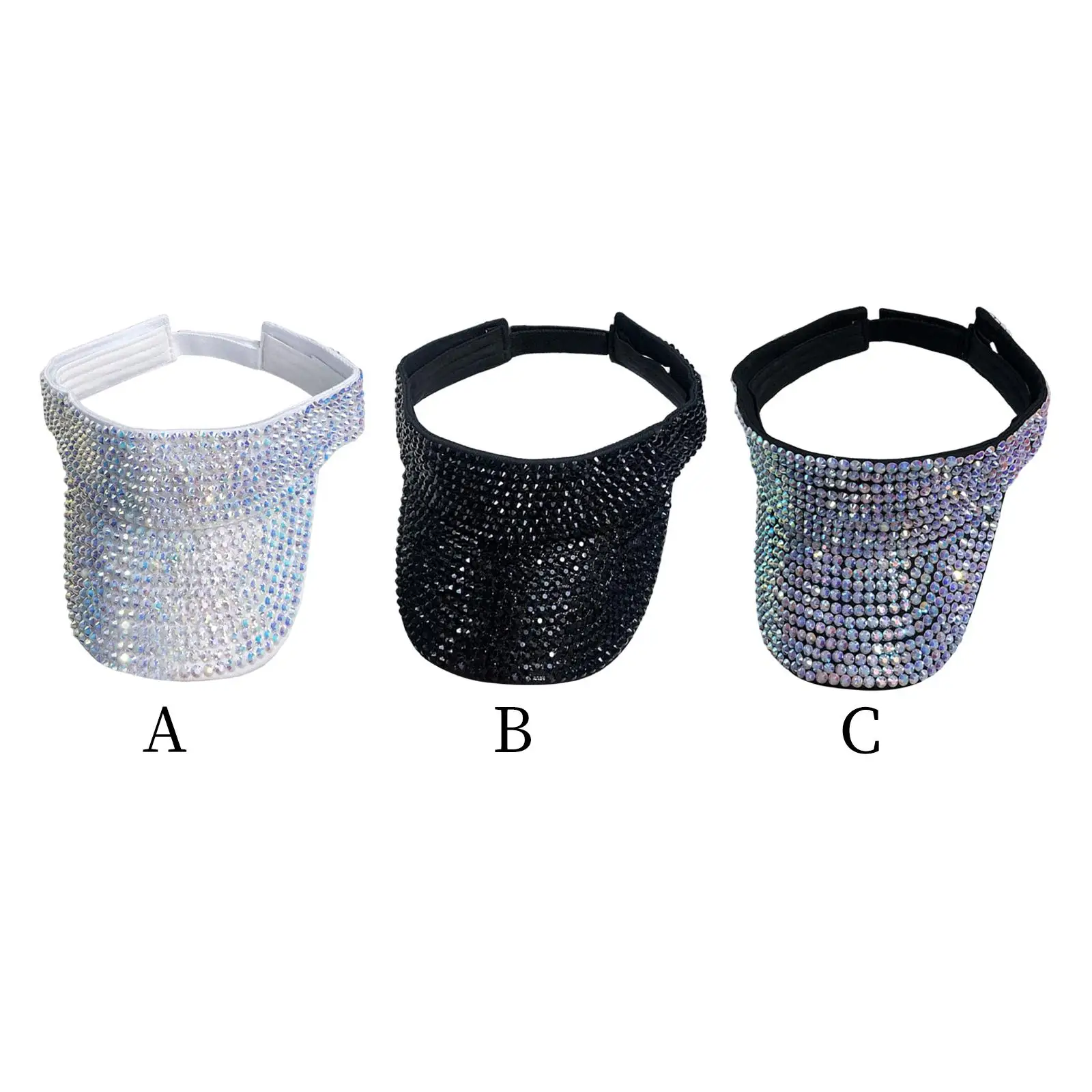 Shiny Bling Rhinestone Visor Sun Hat Adjustable Wide Brim Empty Top Glitter Hat for Golf Baseball