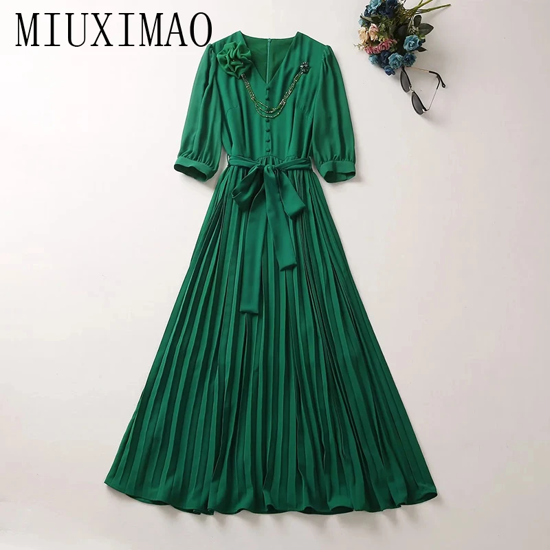 

MIUXIMAO Three-dimensional Decoration Elegant Dress Short Sleeve V-Neck Solid Applique Belt Fashion Long Dress Women Vestide