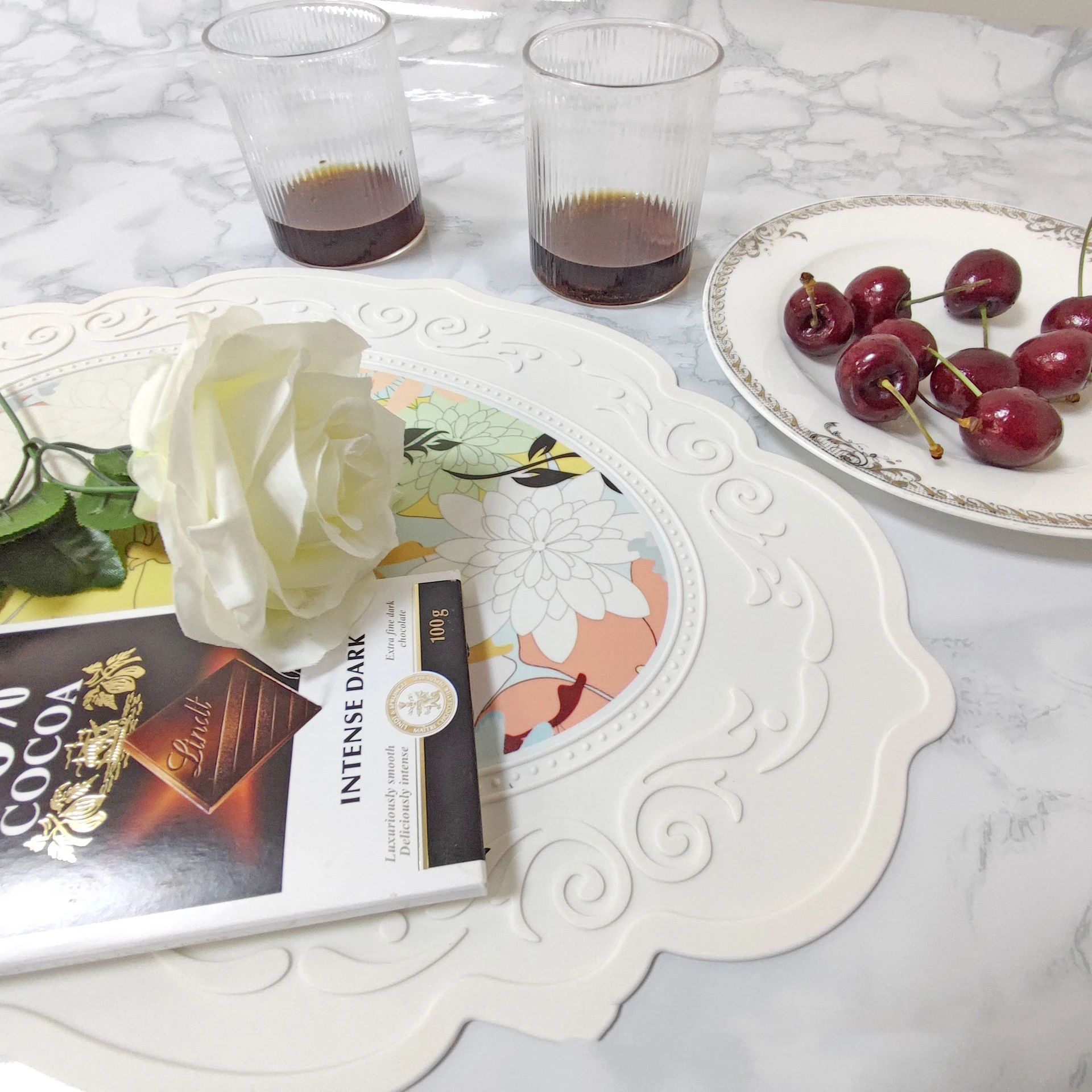 Silicone Oval Round Placemat Retro Pattern Coffee Floral  Pad Tableware Mats Waterproof Non-Slip Dinner Tableware Cup Coasters