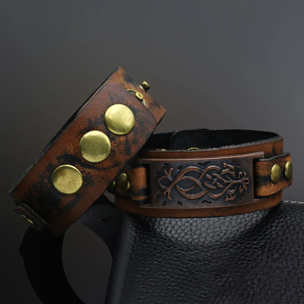 Mens Fashion and Creative Retro Cowhide Snap Bracelet Viking Wide Leather Bracelet Wristband Punk Alloy Bangle Adjustable Gift