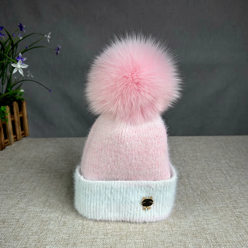 2025 New wool High quality Winter Hats Soft Beanies Hat For Women Classic Knit Girl Hat natural fur pompom hat Warm Cap 4