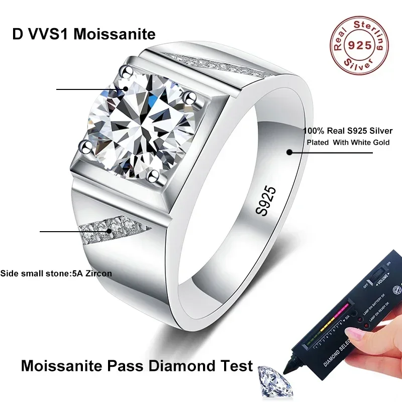 NeeTim 남성용 모이사나이트 반지, 금도금 약혼 웨딩 밴드, 랩 다이아몬드 남자 반지, , 1ct 2ct D VVS1