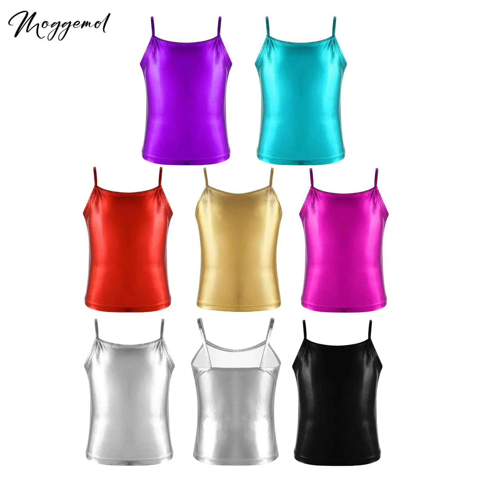 

Big Girls Shiny Metallic Sleeveless Camisole Tank Top Jazz Street Dance Competition Stage Performance Costume Tee Vest Dancewear