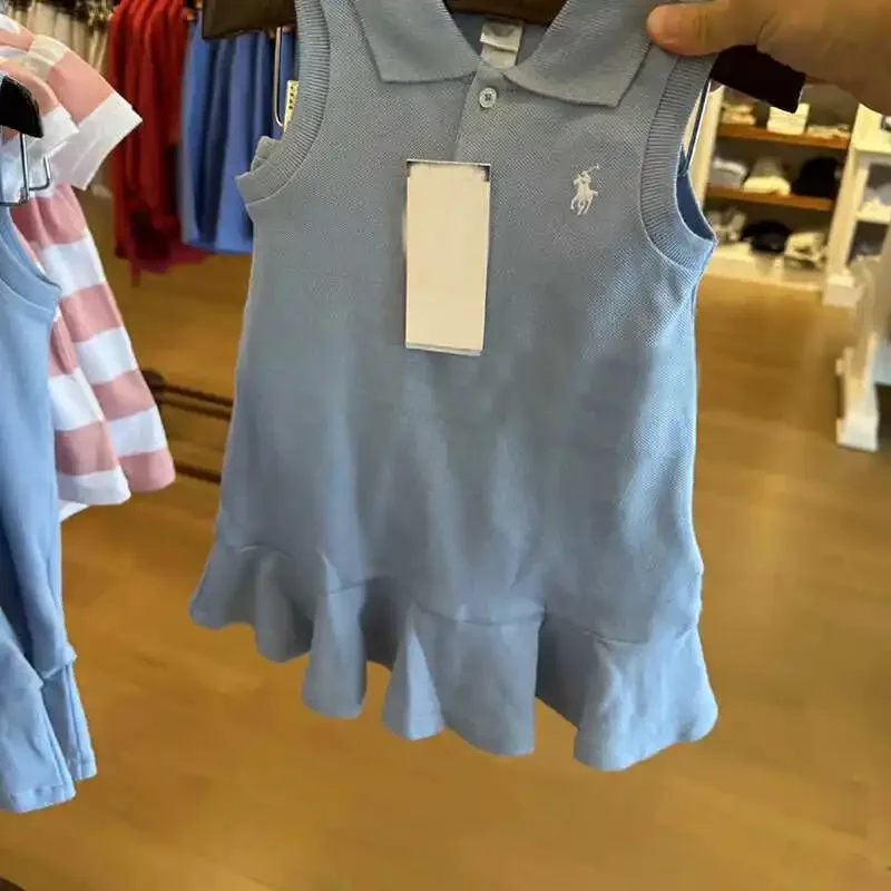Summer Cream Polo Collar Vest Dress Children's School Style Blue Turn Collar Sleeveless Skirt Casual Daily Children's Dress