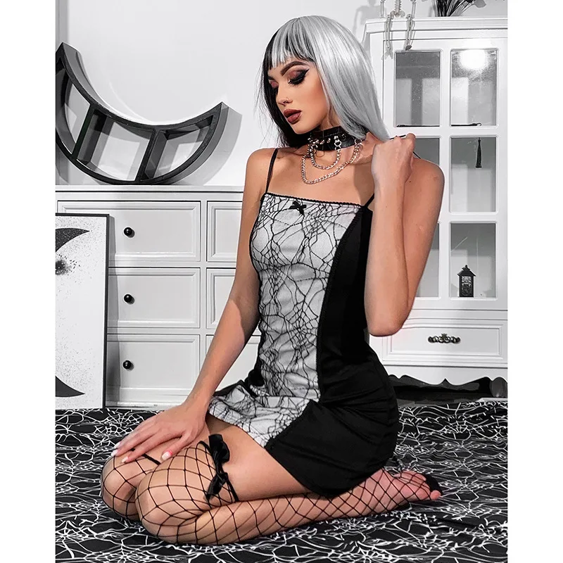 

New Fashion Goth Women Suspender Dress Non-sleeve Partchwork Slim Pullover Gothic Style Sexy Ladies Dress For Spring Summer 2024