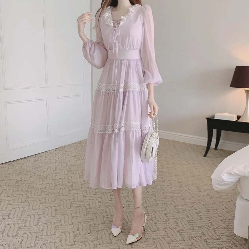 French Vintage Fairy Midi Dresses for Women Lantern Sleeve High Waist V-neck A-line Princess Party Dress Casual Female Vestidos