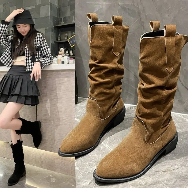 

Natural Suede Embroidered Women Boots Leather Handmade Pointed Toe Spike Heel Autumn Winter Boots Cowboy New Western Retro Botas