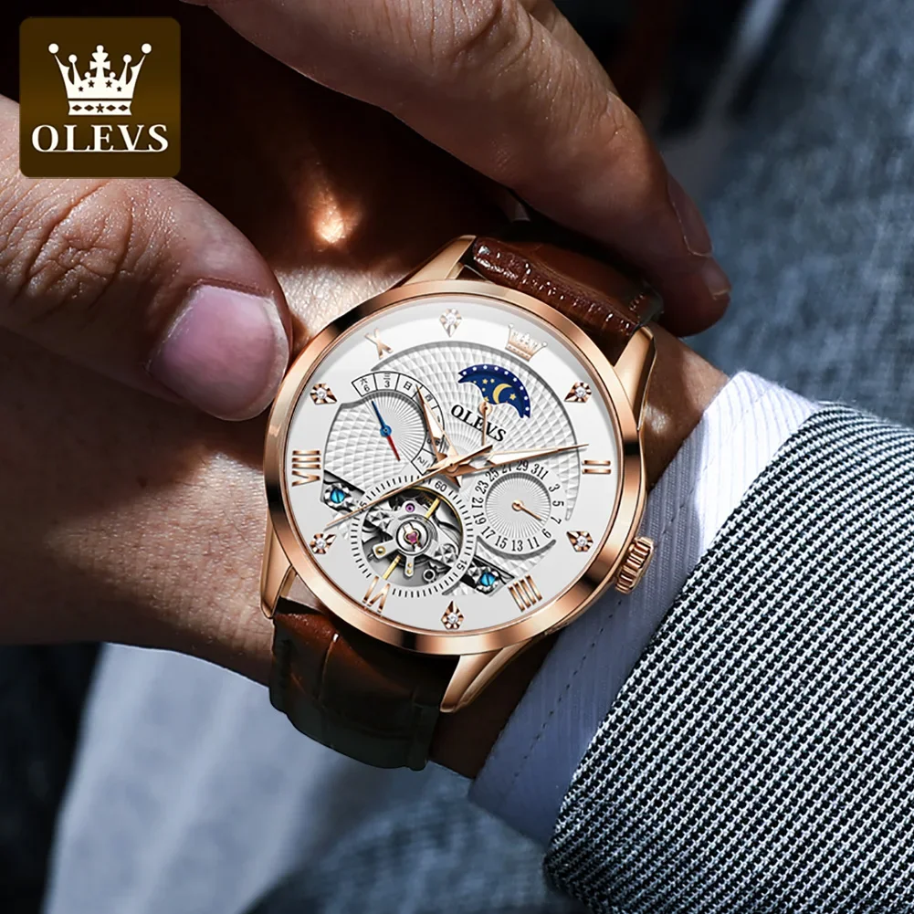 

OLEVS 6652 Multifunctional Fashion Watches For Men, Waterproof Genuine Leather Strap Automatic Mechanical Men Wristwatches