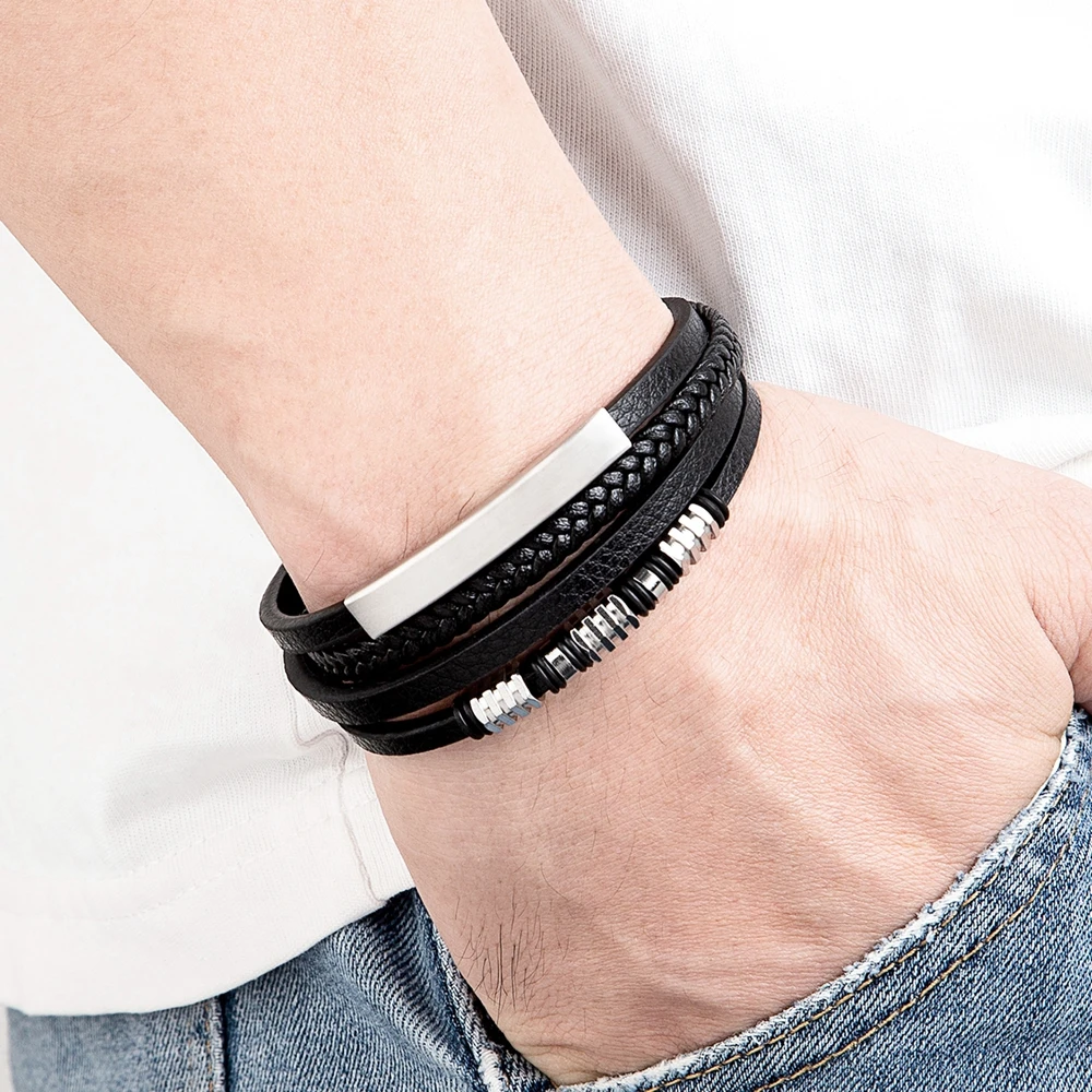 XQNI Leather Bracelet Men Fashion Beaded Multi Layer Stainless Steel Bracelet Wristband Classic Punk For Male Jewelry Gift leather bracelet,beaded bracelet
