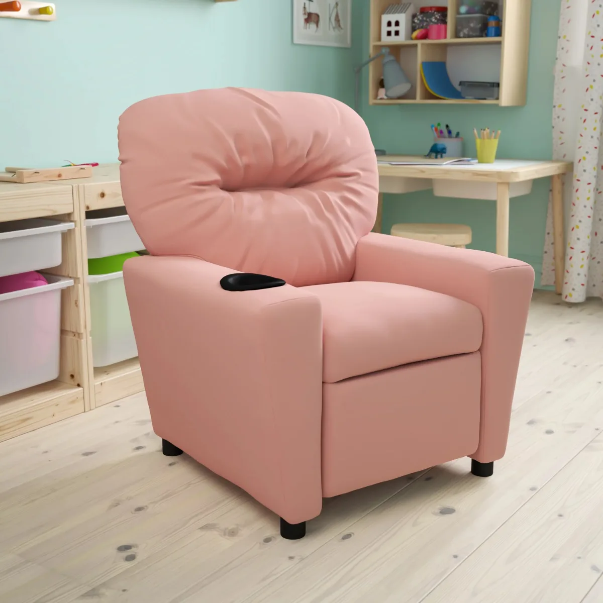 

Contemporary Pink Vinyl Kids Recliner with Cup Holder