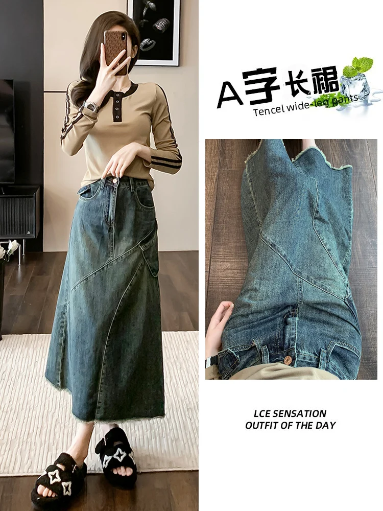 

Women's jeans skirt No Elastic High Waist Frayed Raw hem A-Line Maxi Denim Skirt with Pockets patchwork midi A-line Mermaid