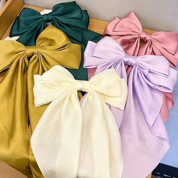 Elegant Large Bow Ribbon Hair Clip for Women Fashion Simple Solid Satin Spring Clip Ponytail Bow Hairpin Girls Hair Accessories