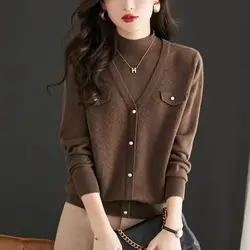 Autumn and Winter Women's Pullover Half High Neck Panel Button Solid Pocket Sweater Knitted Bottom Shirt Fashion Elegant Tops