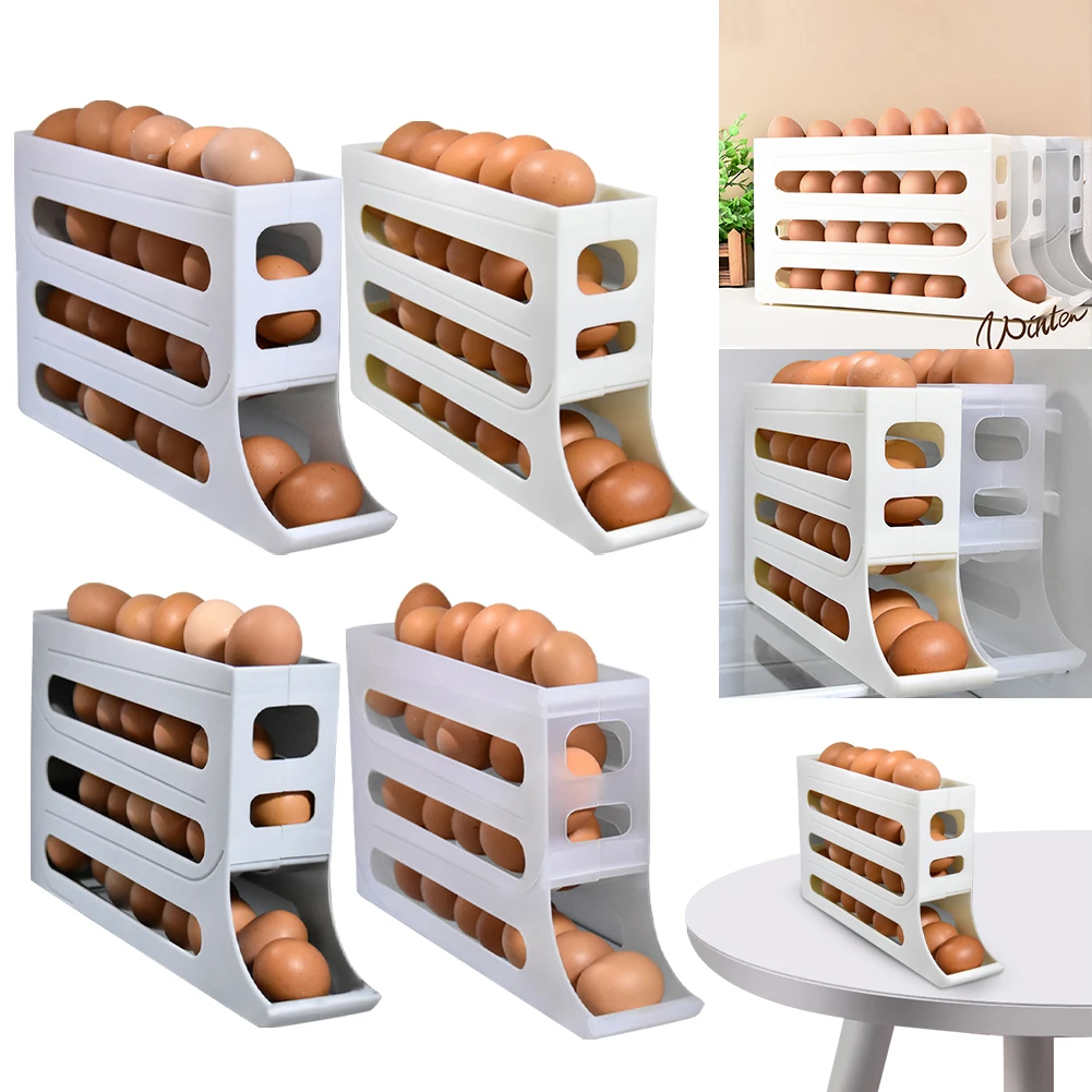 Slide Egg Storage Box Refrigerator Side Door Storage Box Automatic Scrolling Egg Holder Tray 4 Layer Rolling Egg Dispenser Rack