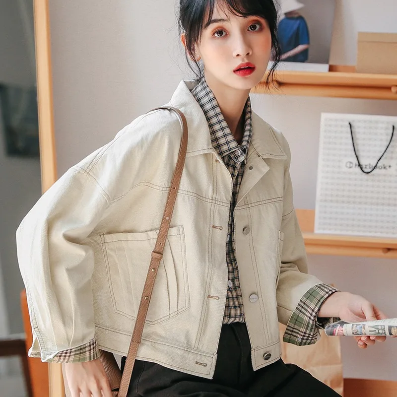 

Japan and Korea Casual Denim Jacket Women Sweet Cute Loose Short Section Lapel Single-breasted Stitching Plaid Sleeves Tops Coat