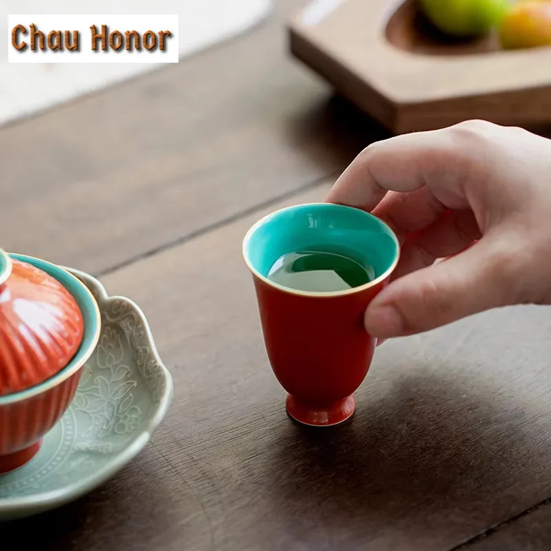 2pc/set Retro Palace Museum Red Art Ceramic Tea Cup Handmade Small Master Cup Special Taste Mug Kung Fu Tea Set Accessories 65ml