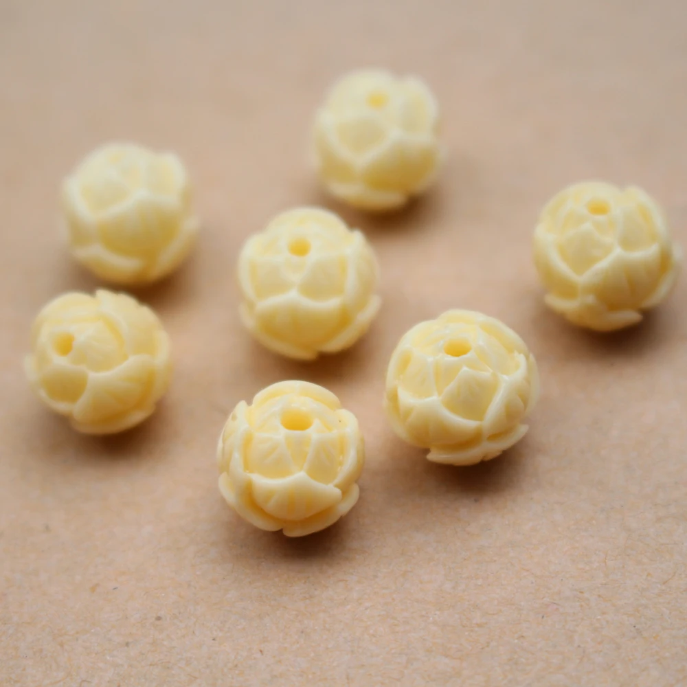 20 Stück geschnitzte Lotusperlen, künstliche Korallenperlen, 8 mm, 10 mm, 12 mm, beige Farbe, für Schmuck, Armband, Halskette, Herstellung, Basteln, DIY