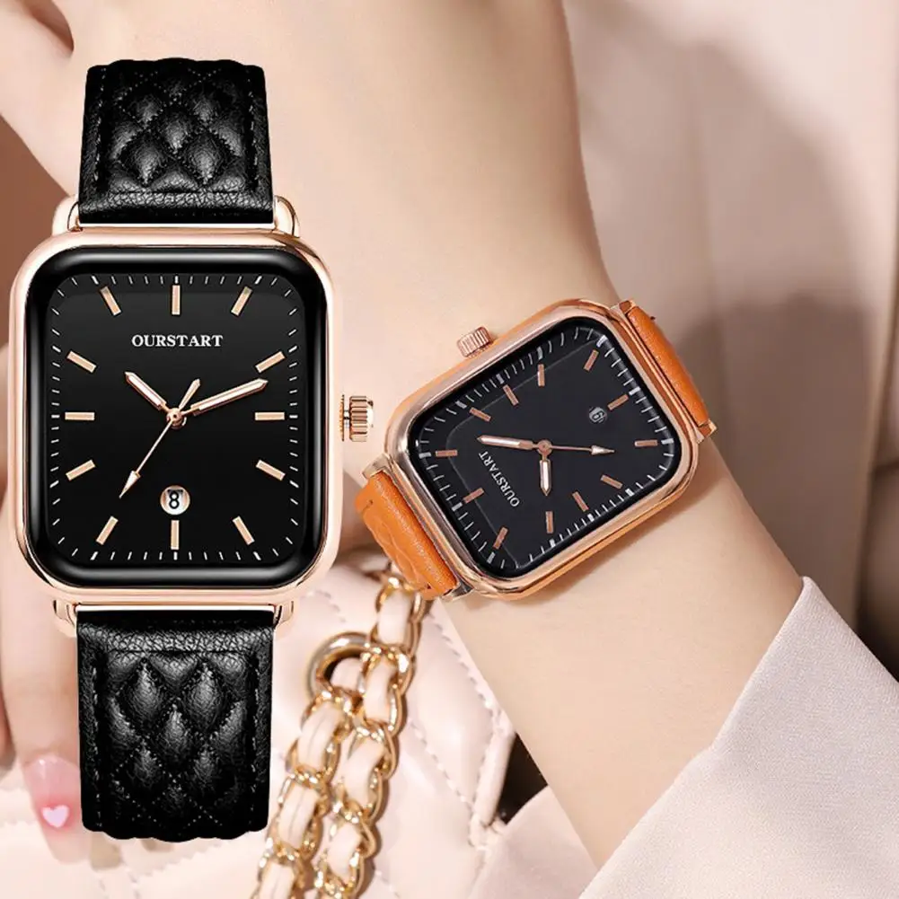 

Quartz Movement Watch Elegant Ladies Quartz Watch with Square Dial Rhombus Texture Faux Leather Strap Date Display for Exquisite