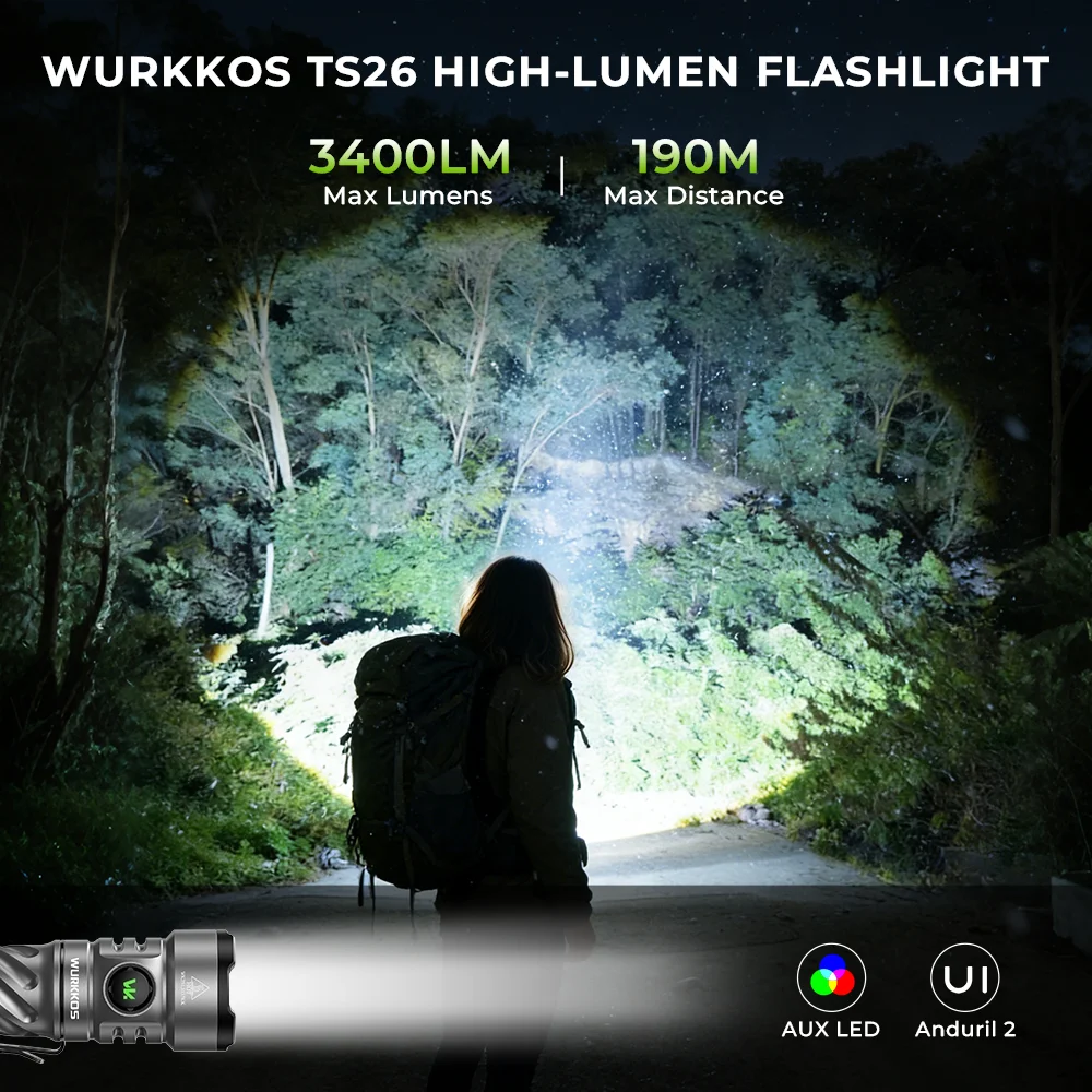 워코스 TS26 EDC LED 3470루멘 197M 빔 거리 안두릴 USB-C 충전식 RGB 전문가용 손전등 (자석 테일캡 포함)