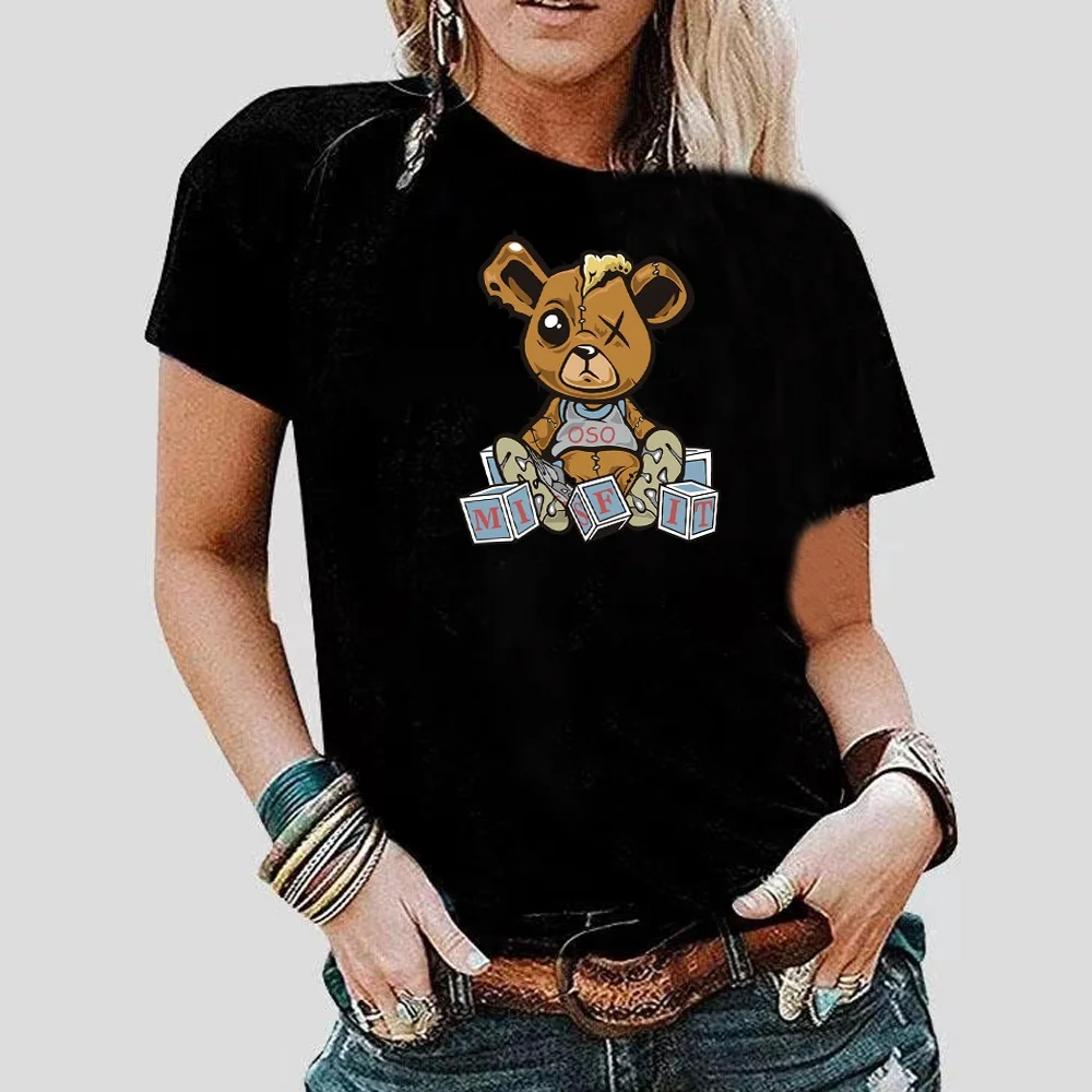 Fashion Bear Print Women T-Shirt Harajuku Round Neck Casual Loose Short Sleeve Summer Slim Soft Tops Clothing Hip Hop Streetwear