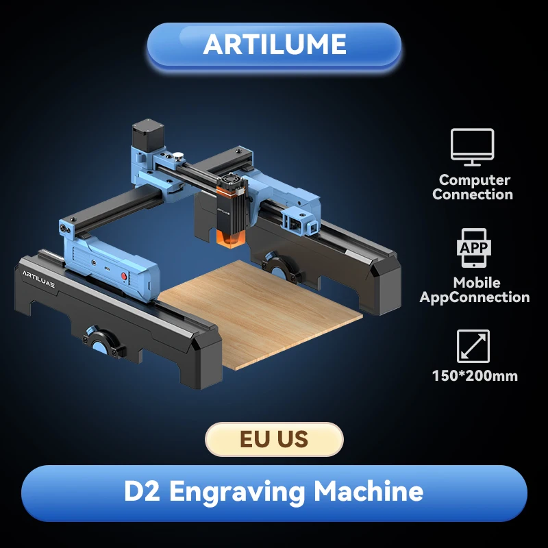 Artilume D2 Mini Laser Engraving Machine Foldable Portable 0.12mm Laser Spot DIY Engraver APP Computer Control Engraver For Wood Leather Metal Stainless Steel 150×200mm Engraving Area