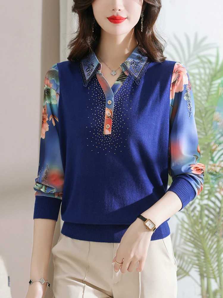 

Print Chiffon Sweater Women Autumn Spring Korean Fashion Pullover Femme Women Clothing Causal Lapel Sweaters