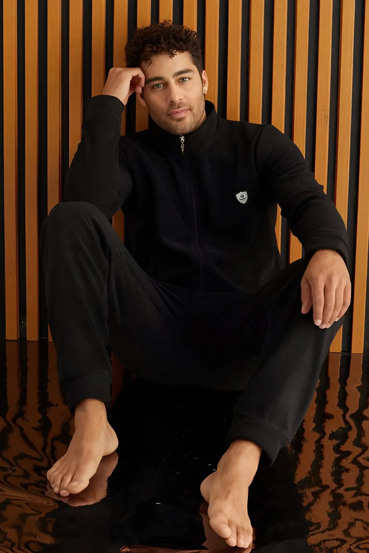 Gray Front Zipper Long Sleeve Fleece Men's Pajama Set