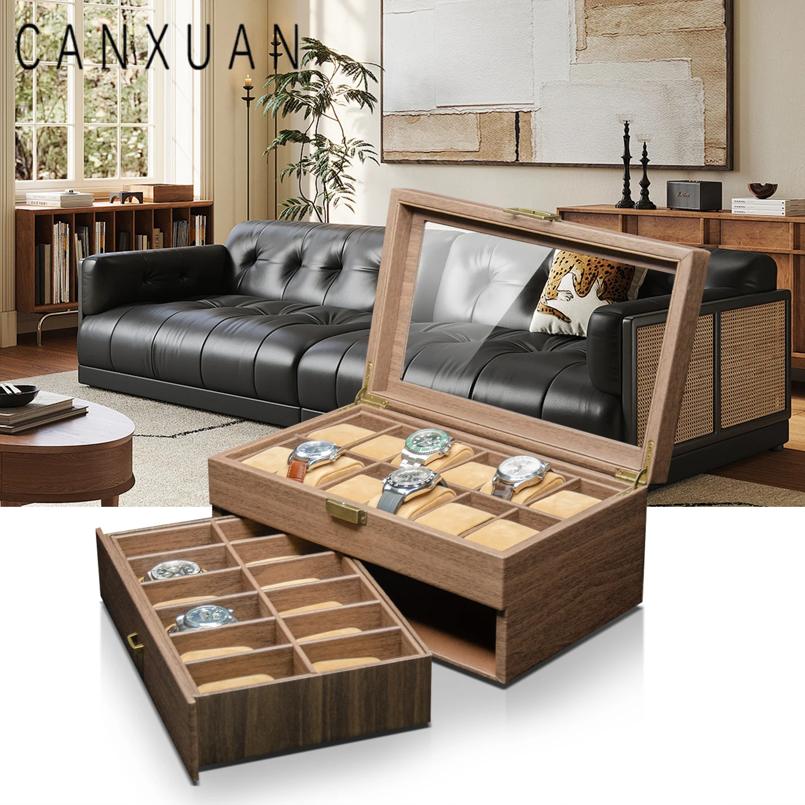 Watch Storage Box 24 Grid 2 Layers Glass Lid