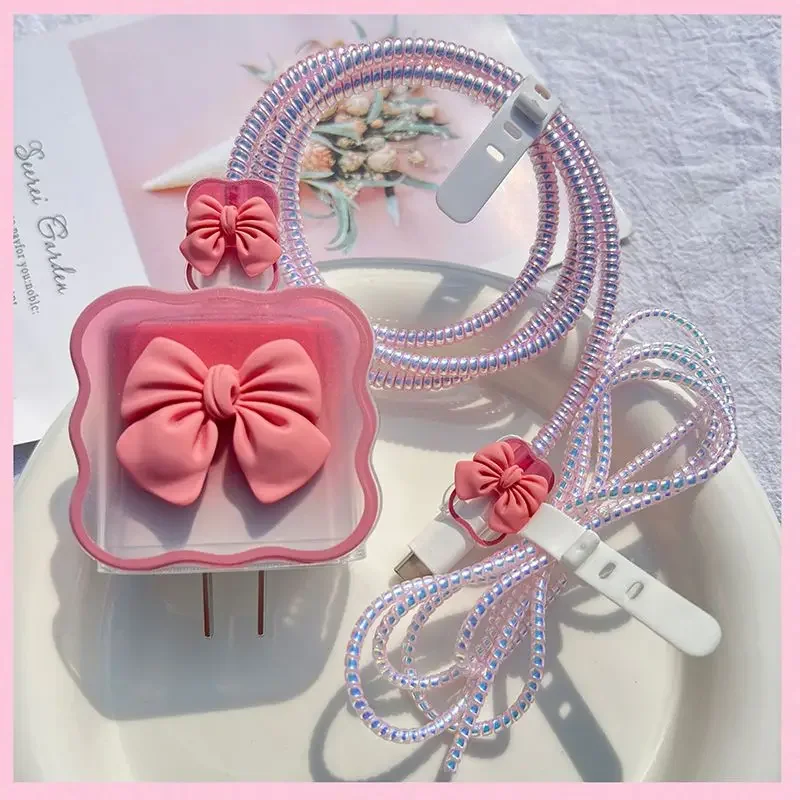 3D Cute Bowknot Charger Cable Protector Per Apple Iphone Cute Cartoon Soft Tpu Case 18/20W Adattatore Di Alimentazione Custodia Protettiva Per Dati