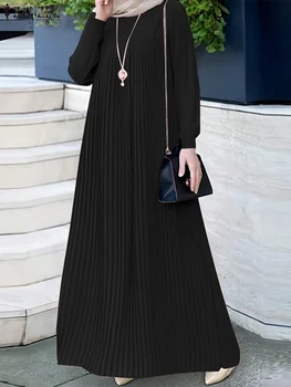 2025 ZANZEA Muslim Abaya Hijab Dress Women Elegant Long Sleeve Pleated Sundress Dubai Maxi Robe Fashion Casual IsIamic Clothing