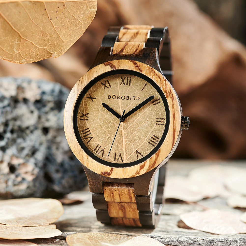 Men's Wood Watch with Genuine Leaf, BOBO BIRD Watch, Leaves Face Original Wooden Clock, Engraved Watch, Anniversary Custom Gift