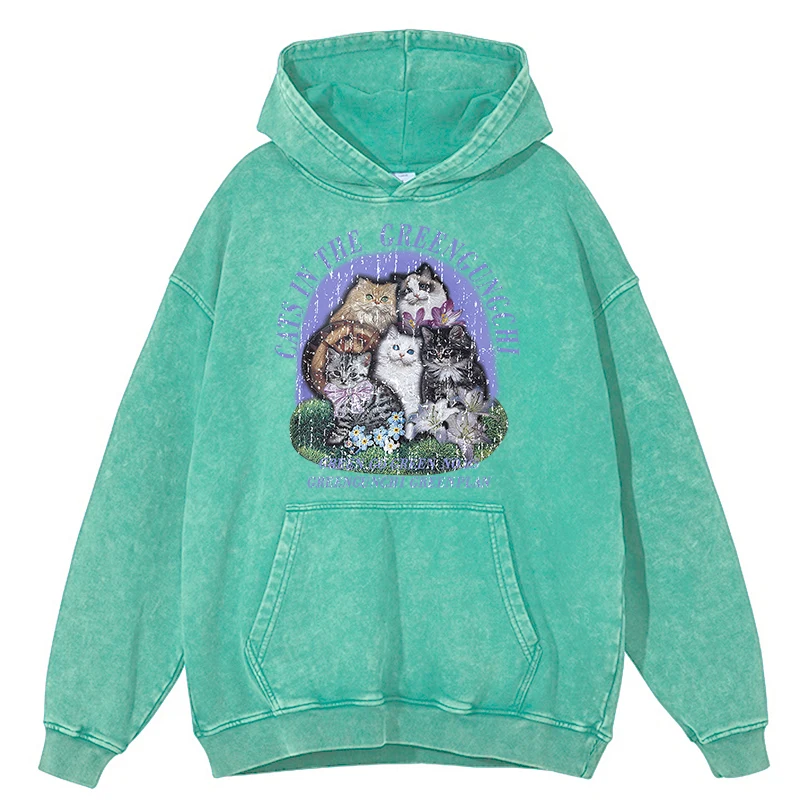 thumbnail image 1 of Sudadera holgada con capucha y diseño de gatos en Greengungchi, estilo retro desgastado, estilo hip hop, para otoño, 100 % algodón, 1 of 5