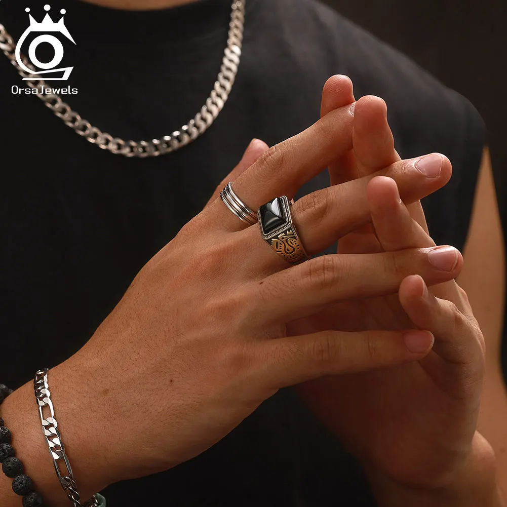 ORSA JEWELS S925 Sterling Silver Fashion Black Agate Ring for Men Gift Retro Gold Plated Finger Ring Party Hip Hop Jewelry NMR16 - Image 4