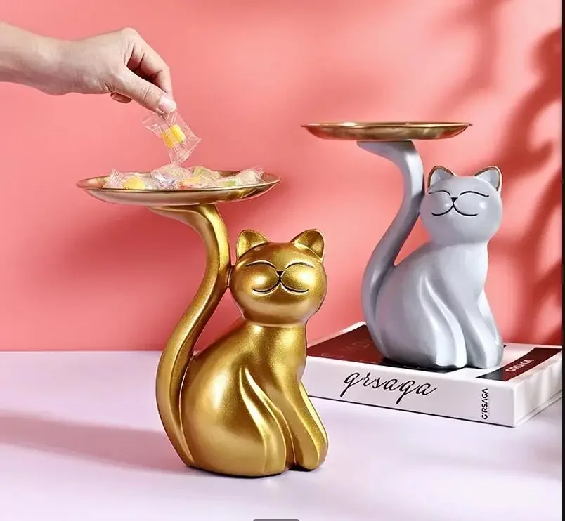 

Resin Cat Storage Tray Animal Statue Crafts Storage Ornaments Metal Round Tray Figurines Home Decoration Accessories Furnishings